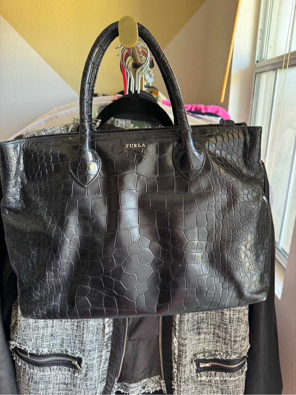 Auth Furla Black Croc-Embossed Leather Satchel